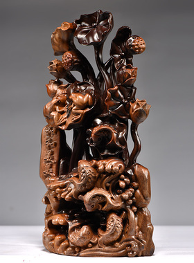 雕刻荷花动物摆件红木家居装饰