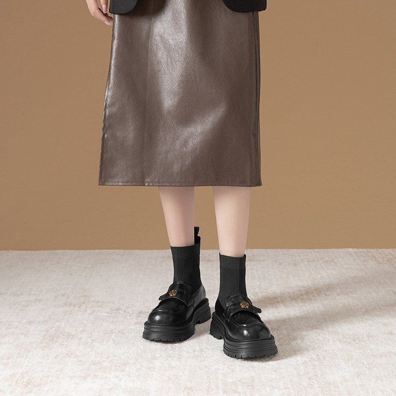 英伦风厚底弹力袜靴女黑色乐福鞋短靴增高瘦瘦靴百搭圆头长筒靴,淘宝优惠券,粉丝福利购,淘宝优惠卷