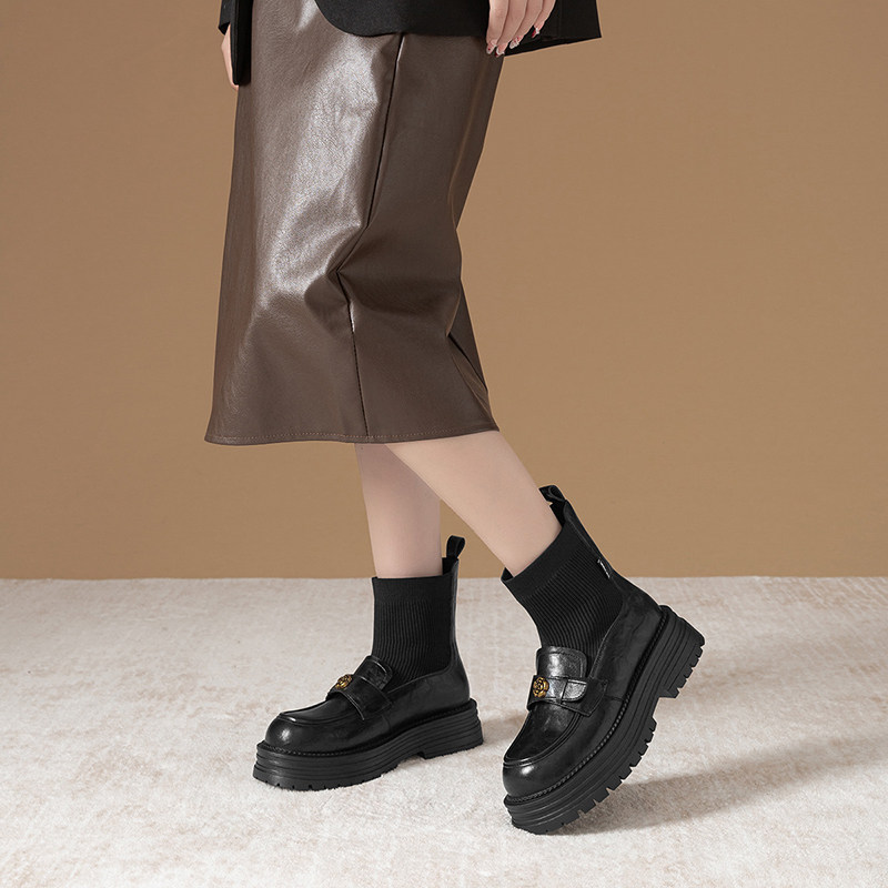 英伦风厚底弹力袜靴女黑色乐福鞋短靴增高瘦瘦靴百搭圆头长筒靴,淘宝优惠券,粉丝福利购,淘宝优惠卷