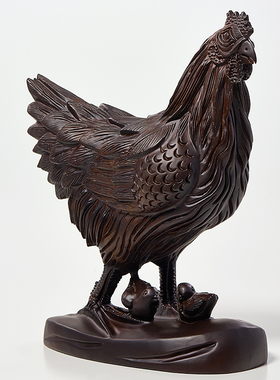 黑檀实木雕刻母鸡摆件客厅