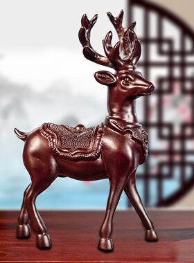 红花梨木雕刻梅鹿摆件实双鹿
