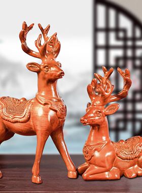 金色实木雕刻梅花鹿摆件双