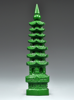绿色桃木质雕刻7层文昌塔摆件