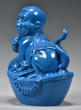 蓝色木雕猴子摆件三合十二生肖猴木头猴家居办公室动物工艺品送礼