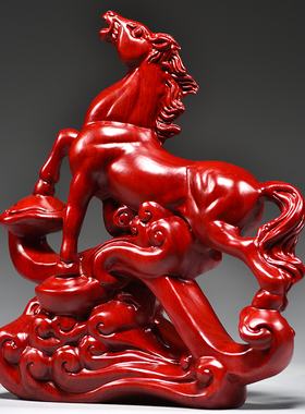 红色木雕刻马摆件动物十二生肖