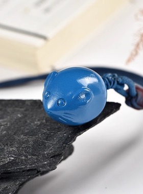 蓝色木雕鼠吊坠挂件实木十二生肖木头鼠吉祥物挂件木质装饰工艺品