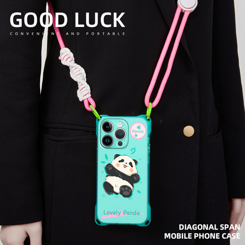 适用于苹果15promax手机壳新款挂绳女款iPhone14斜跨挂脖16卡通熊猫13pro腕带软硅胶12ins透明绿色11可爱防摔 - 图1