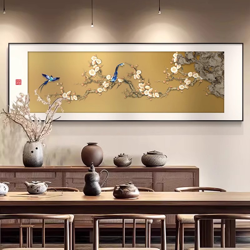 新中式喜上枝头客厅装饰画中古感沙发背景墙挂画横幅喜庆花鸟壁画