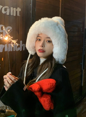 粥可可兔毛女冬可爱毛绒绒潮帽子