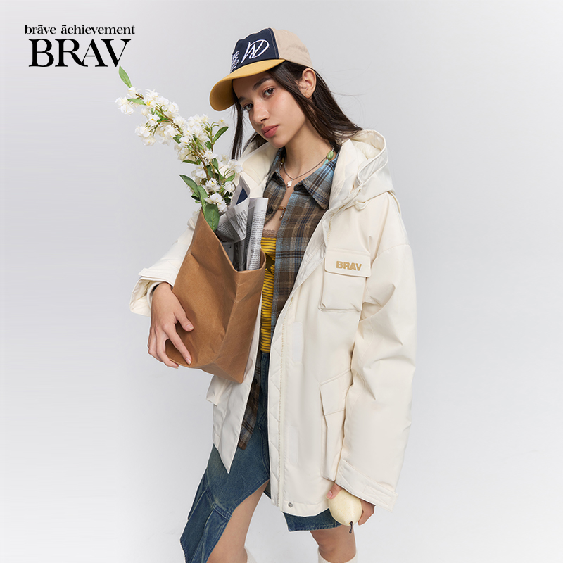 BRAV2024秋冬新品短款工装服外套运动休闲派克羽绒服女情侣同款