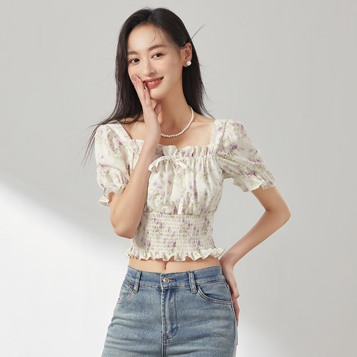 sweet dialogue短款短袖碎花小衫泡泡袖法式修身女 - 图1