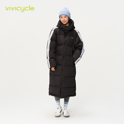 VIVICYCLE2024冬新款撞色logo织带情侣宽松长款羽绒服女保暖外套 - 图0