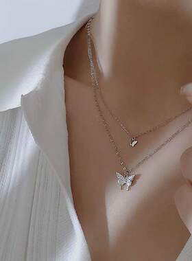 蝴蝶项链女双层轻奢小众设计新款项链饰品