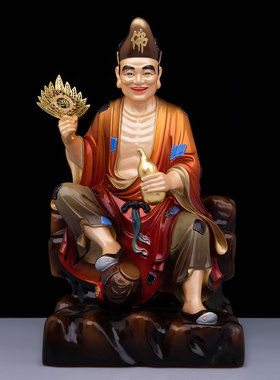 台湾纯铜济公佛像坐山降龙罗汉李修缘铜贴金道济像家用供奉摆件