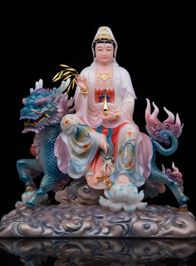 麒麟观音麒麟送子观音汉白玉彩绘坐骑观世音菩萨家用佛堂供奉摆件
