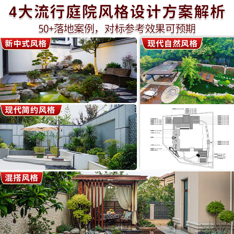 庭院设计与施工全书 50+经典庭院设计方案4大流行风格分析平面图效果图实景图节点大样图园林_虎窝淘