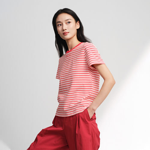 EP雅莹2026春装新款女装 红色条纹色织棉质圆领收腰短袖T恤5309A - 图0