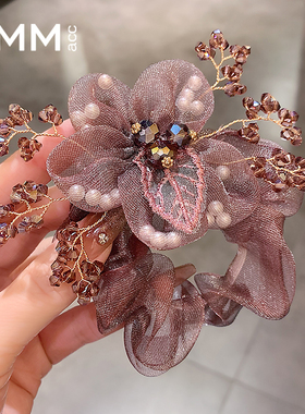 高级感紫色水晶花欧根纱发圈