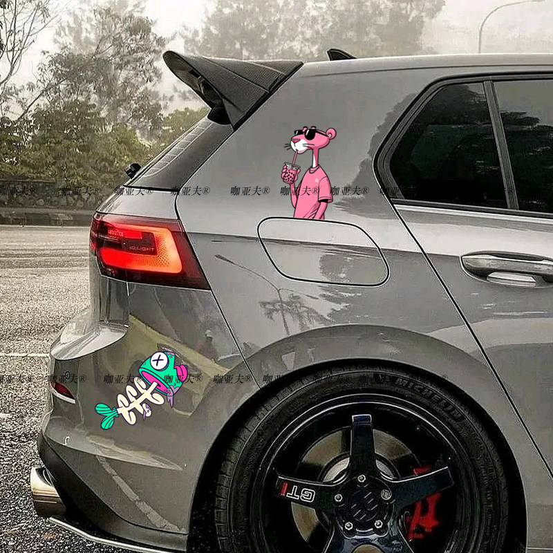 粉红豹喝奶茶车贴个性潮流行李箱电脑贴画汽车摩托电动车贴纸反光,淘宝优惠券,粉丝福利购,淘宝优惠卷