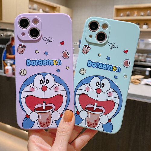 卡通喝奶茶哆啦A梦适用苹果15手机壳iphone12mini直边xsmax外壳16保护套13promax全包镜头7女6s/8plus可爱se2 - 图2