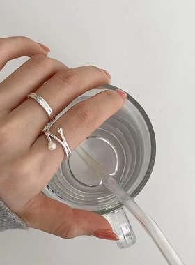 S925极简风珍珠线条戒指