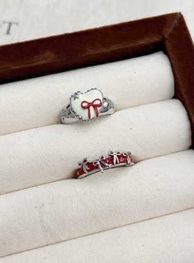 新年甜酷红色系法式可爱少女感蝴蝶结戒指爱心小众百搭开口戒指