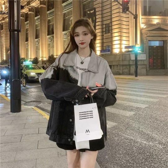 渐变色牛仔外套女秋季2025新款韩版宽松美式复古港味长袖夹克上衣