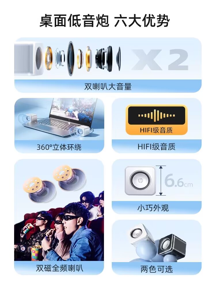 HP惠普电脑音响台式家用笔记本音箱超重低音炮小型迷你游戏扬声器