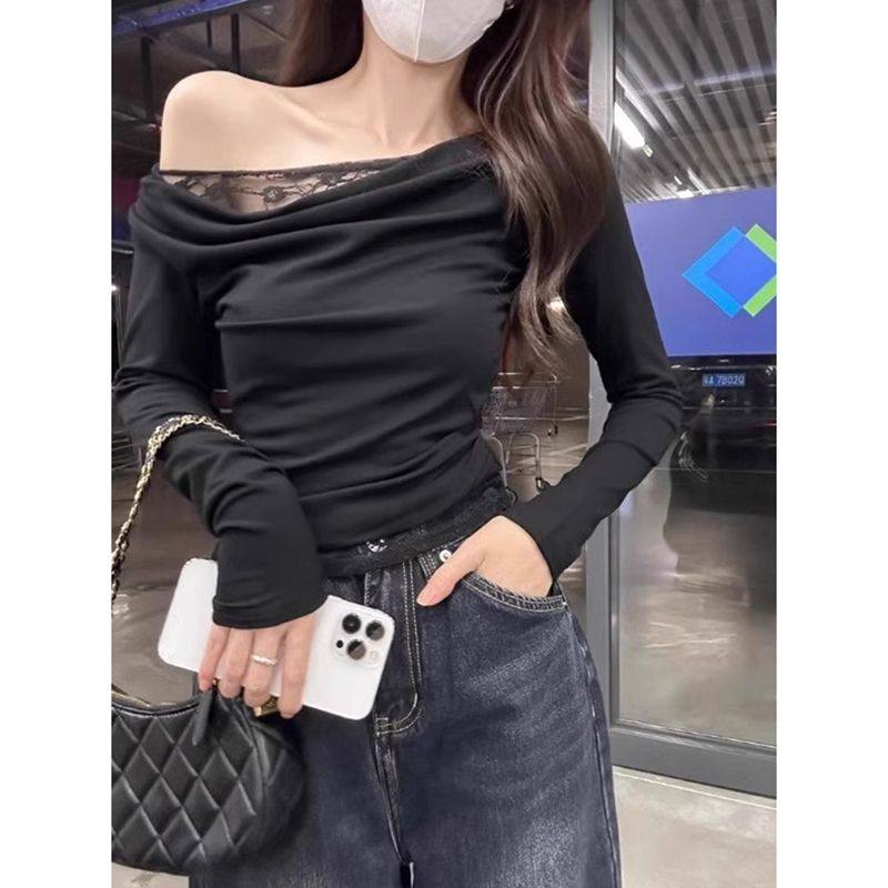 纯欲蕾丝拼接斜肩长袖T恤女2025春秋季修身显瘦内搭露肩白色上衣,淘宝优惠券,粉丝福利购,淘宝优惠卷