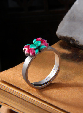 莲花戒指女国简约复古荷花景泰蓝