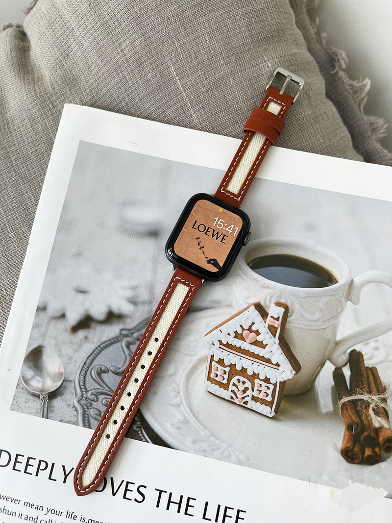 AWin秋冬韩系简约小众帆布拼皮表带适用苹果手表iwatch12345678se - 图0