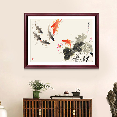 新中式电表箱装饰画免打孔配电箱遮挡箱电闸箱实木液压式挂画新款 - 图0