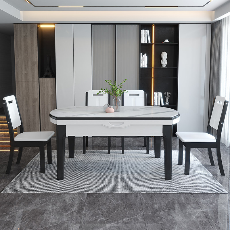福春然现代中式简约家用饭桌一桌六椅方圆两用白色岩板实木餐桌,淘宝优惠券,粉丝福利购,淘宝优惠卷