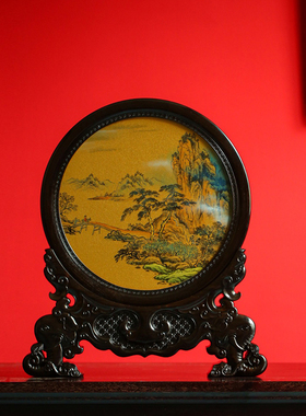 紫光檀漆画工艺圆喜上眉梢插屏