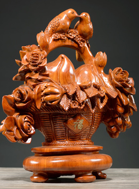 花梨木雕喜上眉梢花篮摆件实木雕刻比翼鸟工艺品婚庆装饰结婚礼物