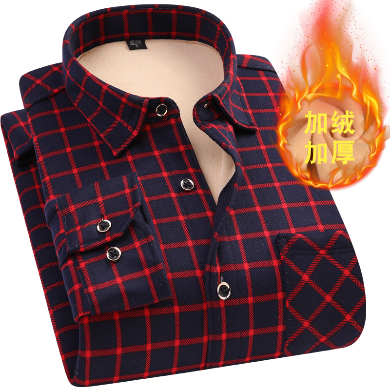 保暖男加厚加绒中老年格子复古衬衣 朗柏狮衬衫