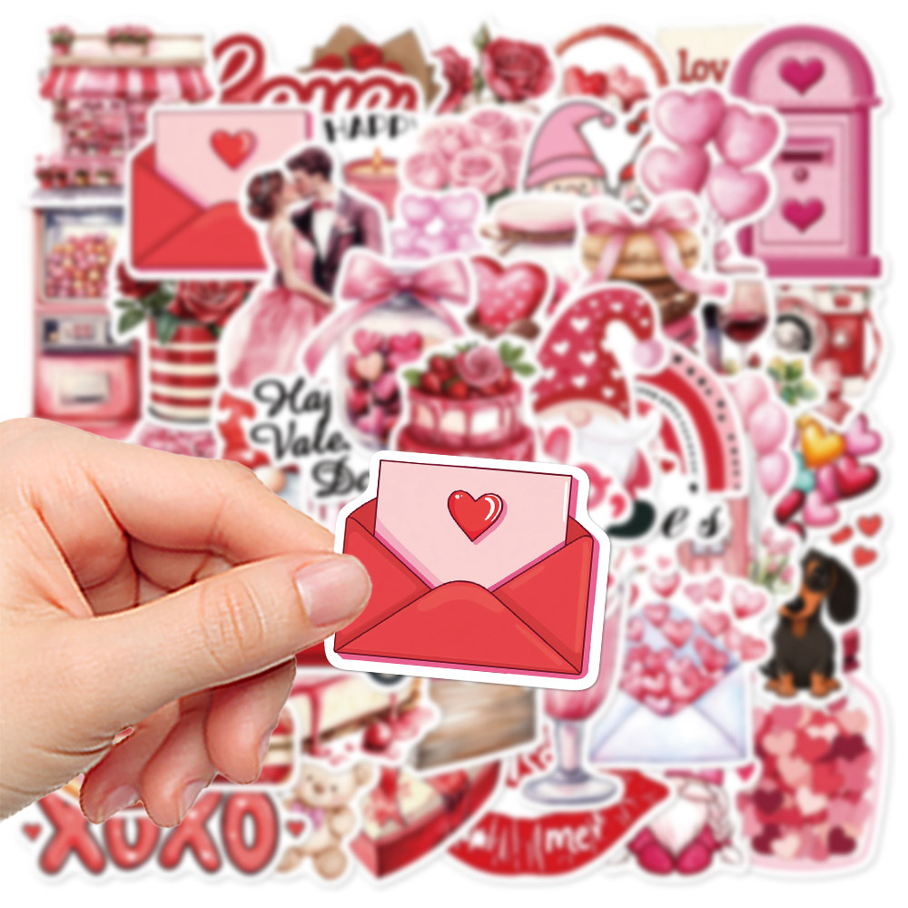 50张粉色情人节涂鸦贴纸笔记本电脑手账本手机壳装饰防水diy贴画