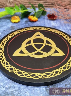 木质手工雕刻凯尔特结摆件金黑色几何图案水晶摆件蜡烛托盘杯垫
