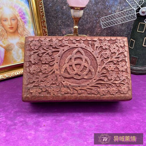 印度进口木质凯尔特结首饰盒复古手工雕刻收纳盒牌盒拍照道具摆件 - 图3