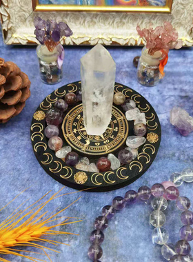 木制多款圆形手链盘月相雕刻图案六芒星月亮手串盘摆件水晶收纳