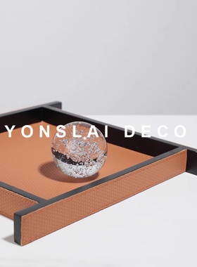 简约现代创意正方形托盘皮质金属绿色棕色客厅茶几收纳盘摆件