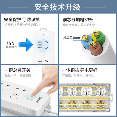 德力西国标插座插排插线板家用电源拖线板6位五孔1.8米总控