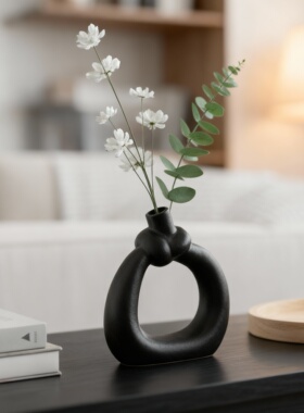 现代简约黑色陶瓷花瓶摆件