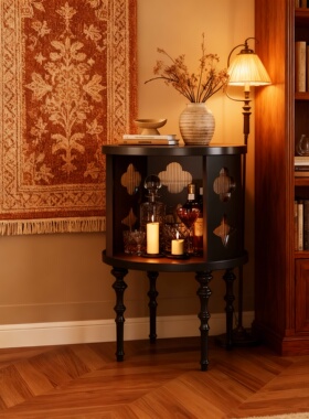 法式轻奢圆形镂空木质边几