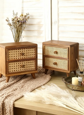 北欧风藤编床头柜实木双抽屉