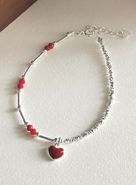 「YU心」精致简约手工红色滴油爱心碎银子手链
