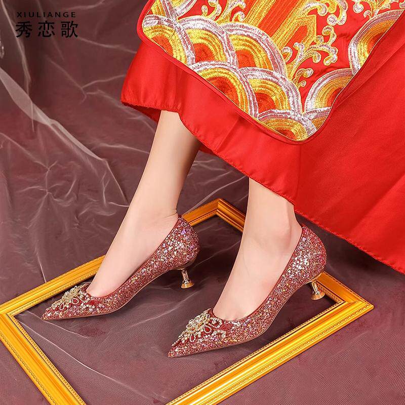 红色婚鞋新娘鞋秀禾婚纱两穿2025年新款细跟法式3cm低跟高跟鞋女,淘宝优惠券,粉丝福利购,淘宝优惠卷