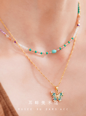 A彩色串珠项链女款叠戴高级感轻奢锁骨链配饰女适合夏天独特精致