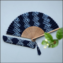 Cloth Drinking Hall Handmade Zstained Cloth Art Folding Fan Plant Blue Dyeing Combined Cotton Fabric Folding Fan and Wind Day Process Folding Fan