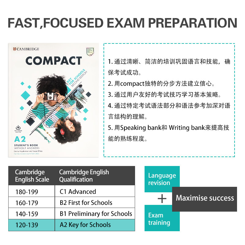 现货 剑桥KET考试备考教材Compact Key for Schools A2学生套装第二版 青少版2020考纲主课本带在线学习账号+练习册带送音频资料 - 图3